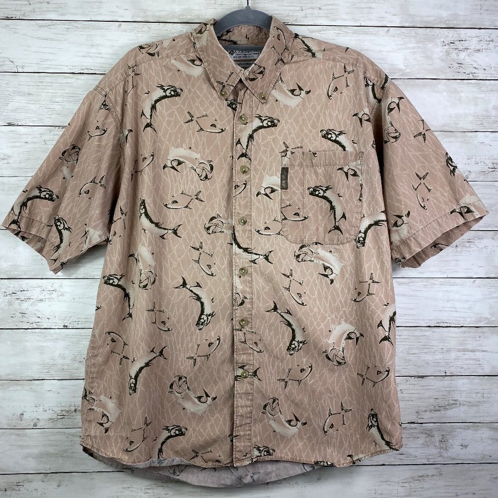 Columbia Mens Cotton Fish Pattern Camp Shirt Large